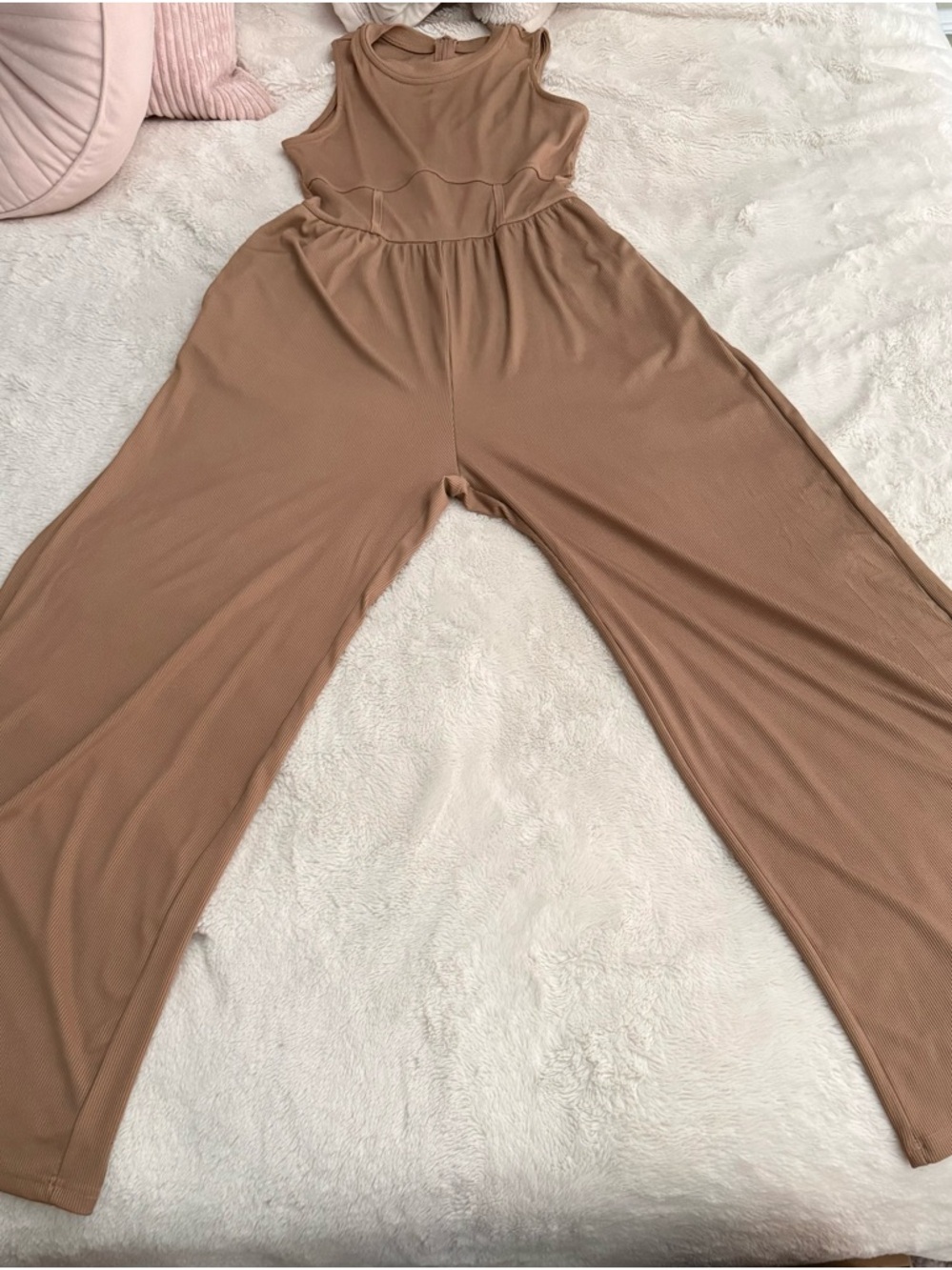 Cider Sleeveless Wide-Leg Jumpsuit in Camel Taupe